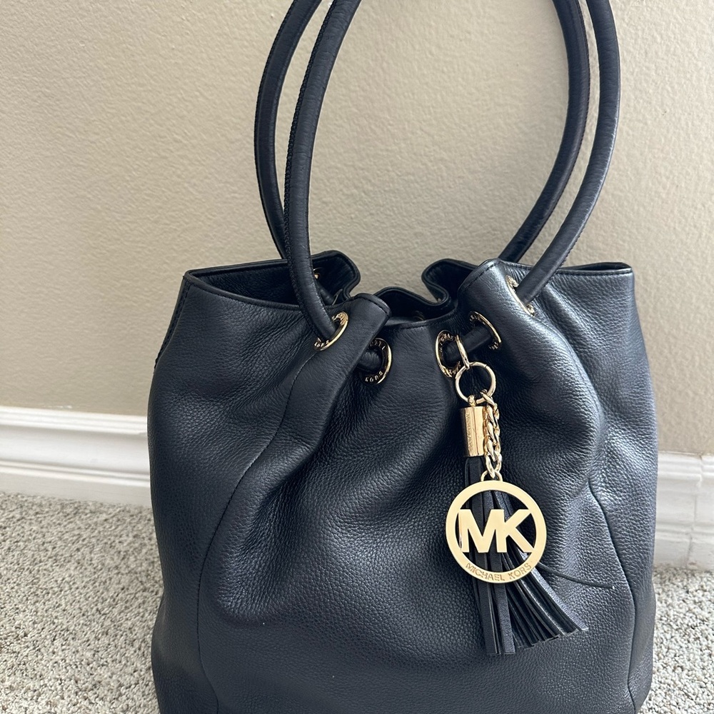 Michael Kors Black Leather Shoulder Bag with Gold Accents